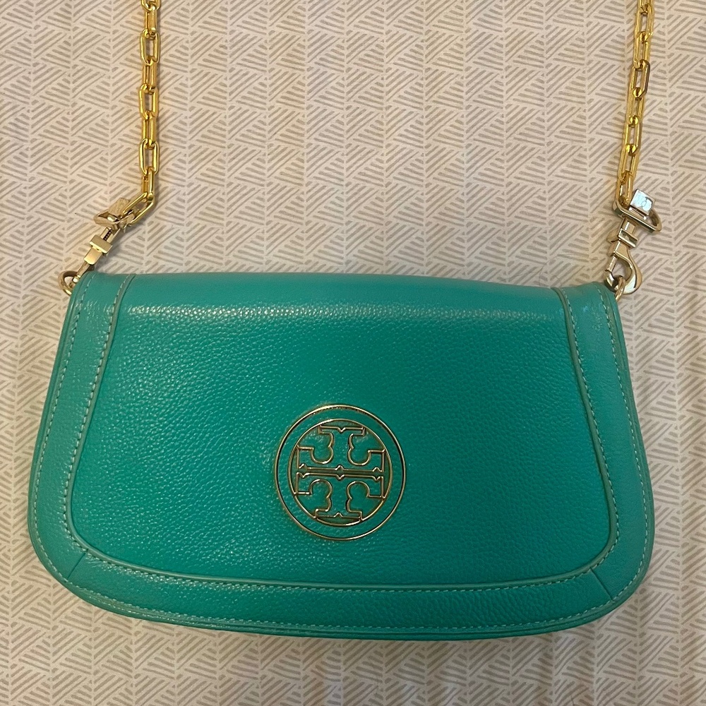 Tory Burch Turquoise Crossbody Chain Clutch Bag Purse
